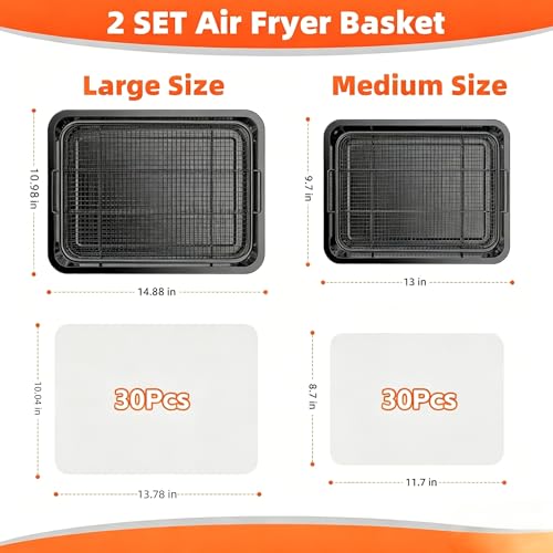 DEGOVIN Silver Air Fryer Basket & Tray Set for Oven - L+M Sizes, Includes Cooking Guide