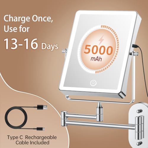 FASCINATE Chrome 8.7-Inch Rechargeable Wall Mounted Makeup Mirror with 5000mAh Battery