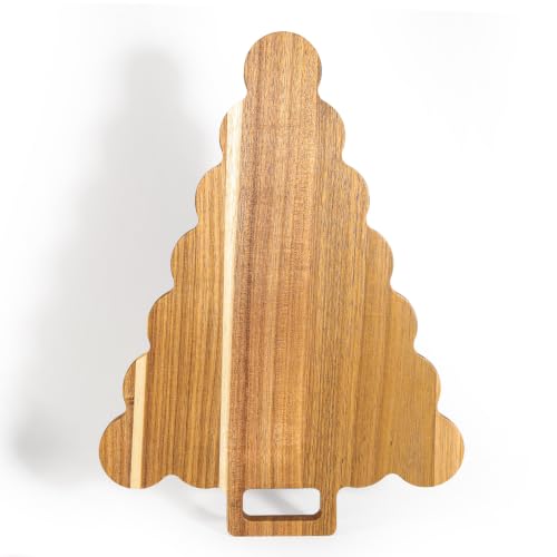Christmas Tree Acacia Wood Serving & Cutting Board with Handle, Festive Cheese Platter