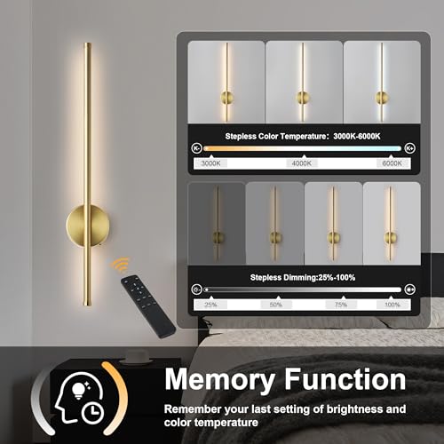 Battery Operated Modern Wall Sconce Set of Two - Brass, 23.6 Inch - Wireless, Remote & Touch Control