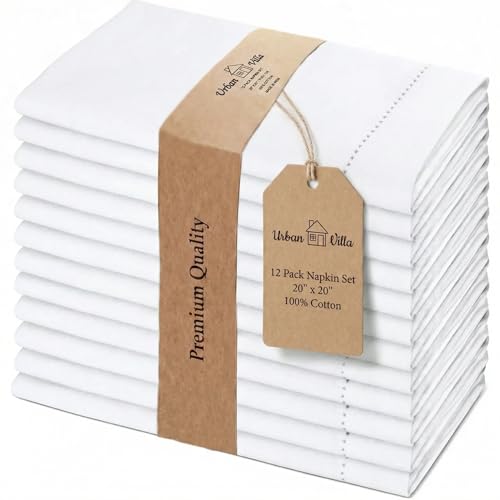 White Hemstitch Cloth Napkins Set of 12 - 20x20 Inches, 100% Cotton, Reusable & Hotel Quality