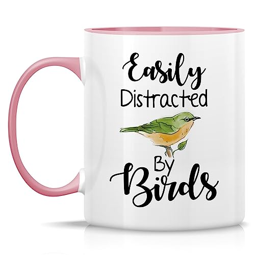 Retreez Easily Distracted by Birds Coffee Mug, White w/ Pink Handle - 11 oz