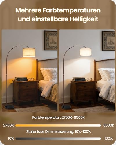 75-Inch Dimmable Arc Floor Lamp with Marble Base, Adjustable Height, Beige, Brown Variation