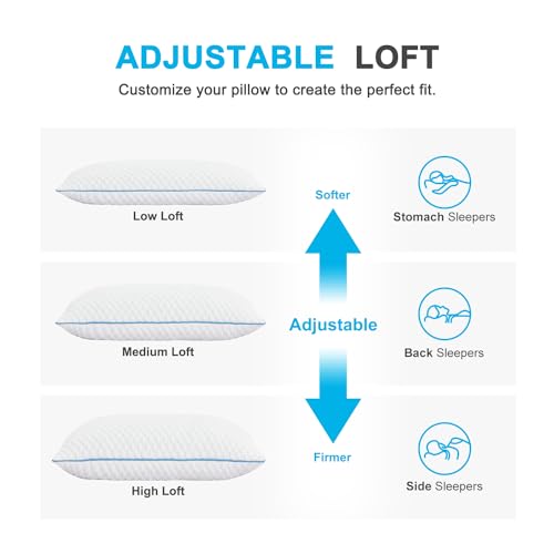 King Size Cooling Shredded Memory Foam Bed Pillows Set of 2 - Adjustable Support