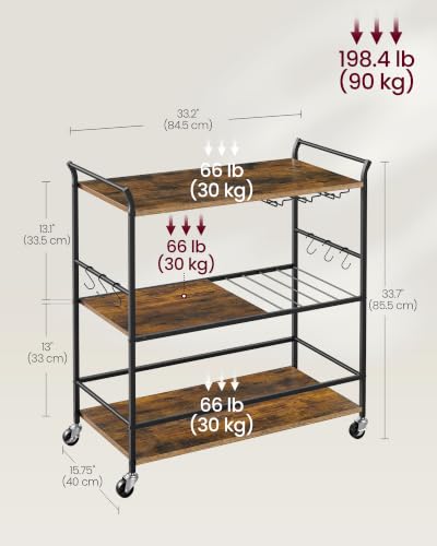 VASAGLE Rustic Brown & Matte Black Bar Cart with Wheels, Wine Rack & Glass Holder - 33.3 x 15.7 x 33.7 Inches