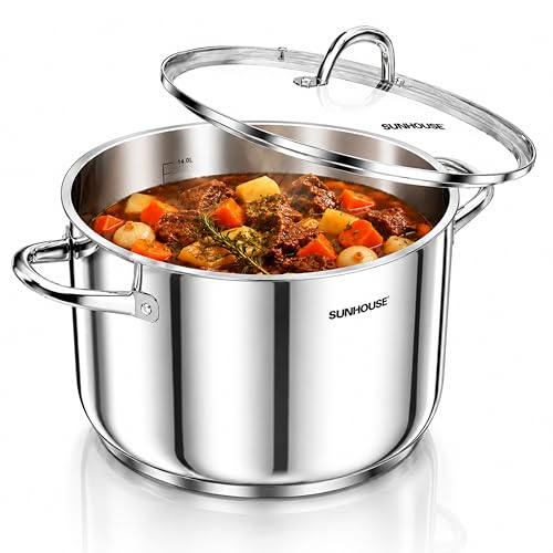 Sunhouse 16 Quart Stock Pot with Lid - Stainless Steel Multi-Ply Base Large Cooking Pot