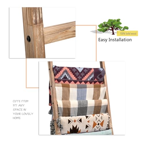 Rustic Wooden Blanket Ladder - 6.4ft Tall, 24 In Wide, 11 Rungs - Burnt Brown