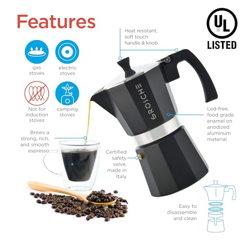 GROSCHE Milano 6-Cup Stovetop Espresso Maker Moka Pot, Black – Classic Home Barista Coffee