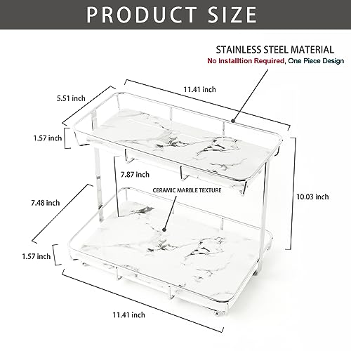 2 Tier Bathroom Organizer Shelf with Marble Ceramic Trays & Stainless Steel Frame
