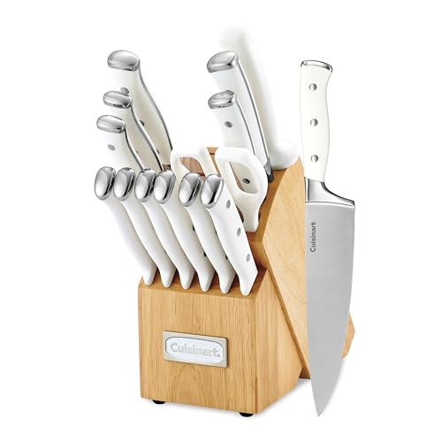 White 15-Piece Knife Set with Block - High Carbon Stainless Steel, Forged, Triple Rivet