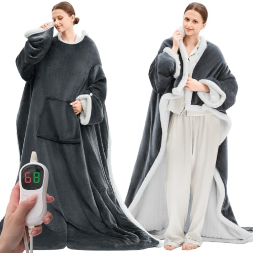 Grey Wearable Heated Blanket with Foot Pockets - 75x50 Inches