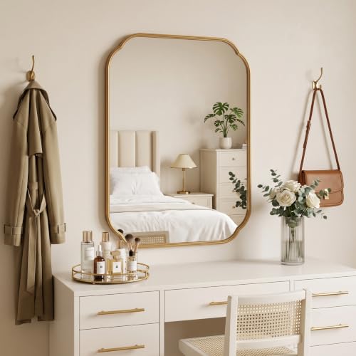 Gold Scalloped Bathroom Mirror - 36x24 Inch Rust-Proof Metal Frame - Variation: Gold / 36"L x 24"W