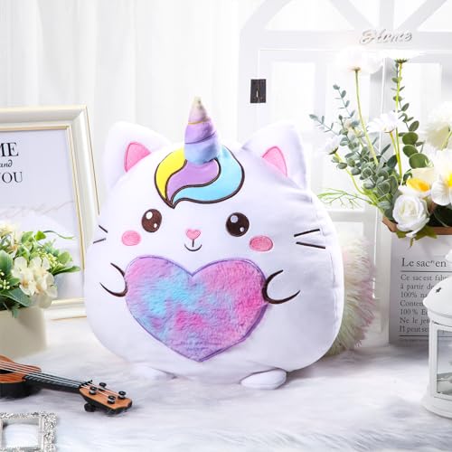 Leyndo Stuffed Unicorn Pillow Plush 14 Inch Cat Plush Toy Unicorn Cat Stuffed Animal Birthday Kitty Plushies Pillow for Christmas Birthday Kids Toddlers Girls Boys Room Sofa Car Decor(Cute)