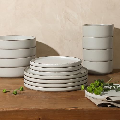 Cream White Stoneware Dinnerware Set - 16 Pieces for 4, Reactive Glaze