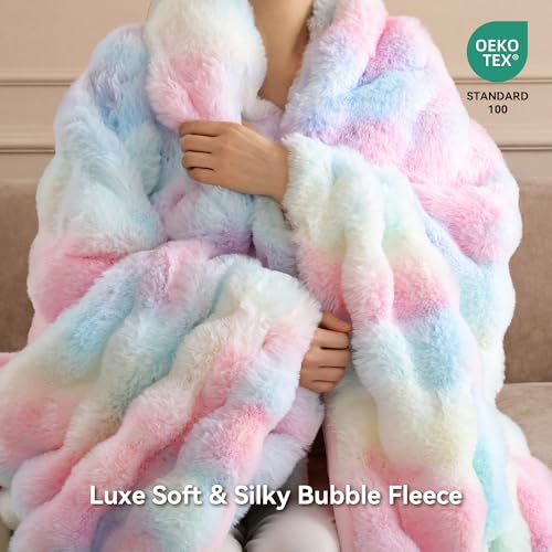 Smoofy Rainbow Faux Rabbit Fur Throw Blanket 50x60 in Bubble Texture for Couch