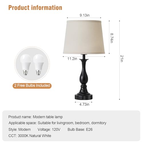 Black Touch Lamps for Nightstand Set of 2 with USB-C & USB-A Ports