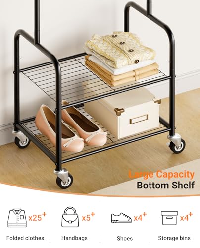 AOODA Small Black Rolling Clothes Rack with Shelves - 18.5" Portable Garment Rack