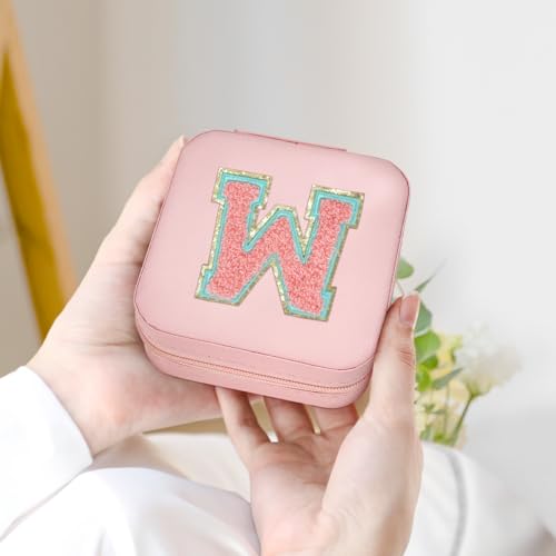 Pink Travel Jewelry Box with Initial W - Monogrammed Jewelry Organizer for Girls Women Teens