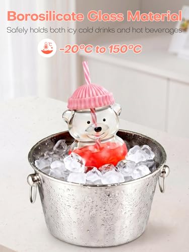 Pink & Green 20oz Bear Glass Cup with Lid & Reusable Straw - 2 Pack