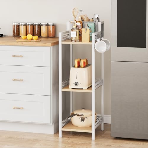 White Slim Bathroom Storage Shelf Unit with 3 Tiers and Toilet Paper Holder - 9.85in Wide