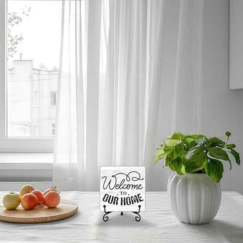 Welcome Home Sign, Farmhouse Wooden Plaque with Iron Stand for Desk Shelf Decor - A16