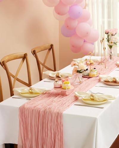 Pureegg Dusty Pink Cheesecloth Table Runner 120 Inch, 12 Pack for Wedding & Event Decor