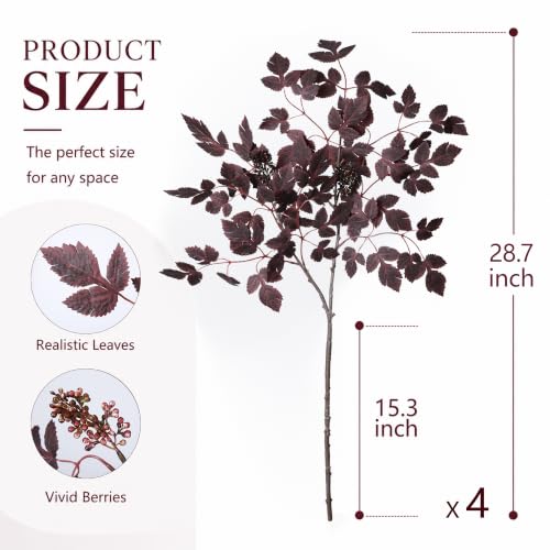 HyeFlora Burgundy Cimicifuga Faux Plant Stems, 28.7 in Artificial Greenery, 4-Pack for Home & Garden Decor