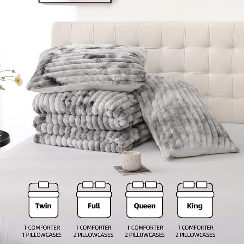 King Size Fluffy Comforter Set - Tie-Dye Grey Fleece Bedding 3 Pieces