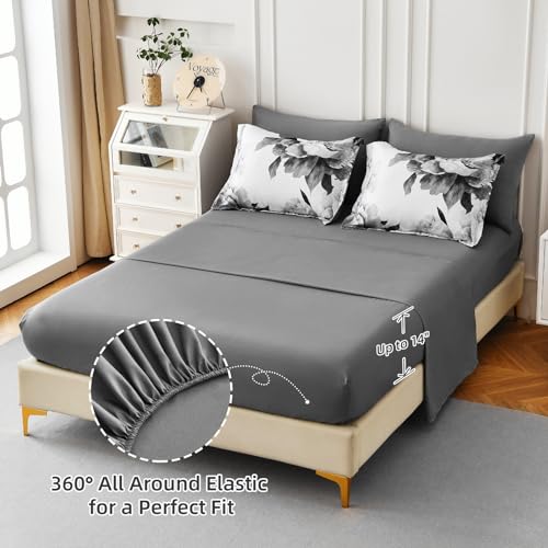 Dobuyly Queen Comforter Set 7 Pieces Grey Floral Bed in a Bag, All-Season Microfiber Bedding