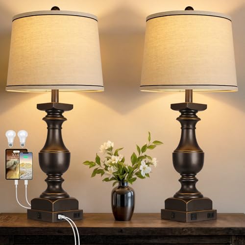 28'' Black Gold Resin Table Lamp Set of 2,Nightstand with USB Port