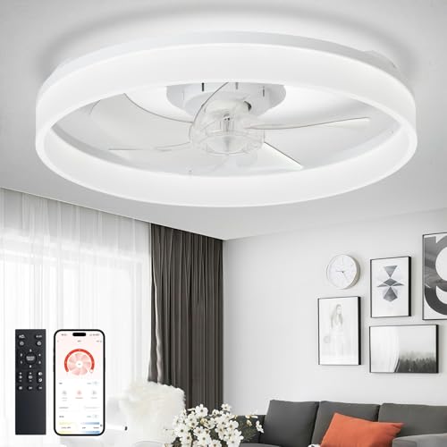 White 20-Inch Ceiling Fan with Lights and Remote Control - Modern Low Profile Design