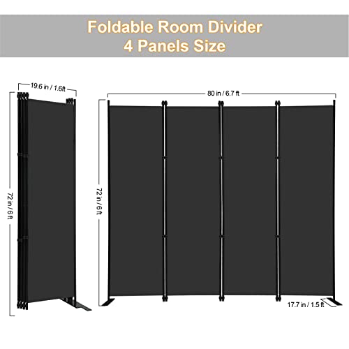 Black 4-Panel Room Divider 6Ft Tall Indoor Privacy Screen Folding Wall