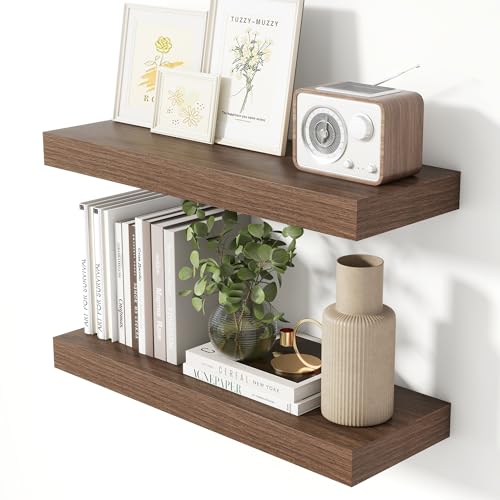 Heimlove 24-Inch Walnut Floating Wall Shelves Set of 2 Rustic Wood Wall Mounted Storage