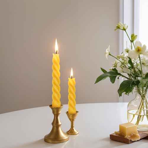 Beeswax Taper Candles, 7.3 inch Spiral Bees Wax Candlestick 4 Packs, Unscented Dripless and Smokeless, 4-5 Hours Long Burning for Home Decorations, Party, Dinner, Christmas