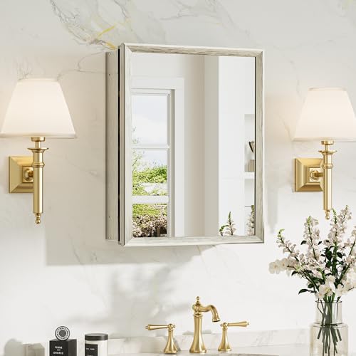 Bathroom Medicine Cabinet 14x18 with Mirror, Beveled Aluminum Frame, Adjustable Shelves - Brushed Nickel - Variation of Brushed Nickel / 14x18 in