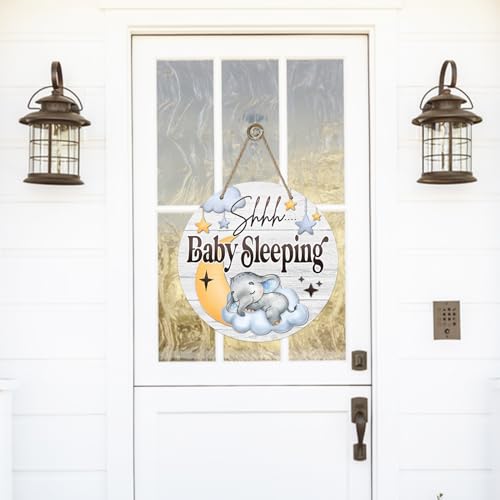 Shhh Baby Sleeping Front Door Sign, Elephant Moon Cloud Stars Wood Door Hanger Nursery Kids Bedroom Decor, Infant Toddler Baby Boy Girl Room Rustic Wooden Wreath Indoor Wall Hanging Decoration