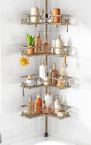HAMITOR No-Drill Corner Shower Rack - 4-Tier Rustproof Tension Pole, Khaki, Wire Baskets