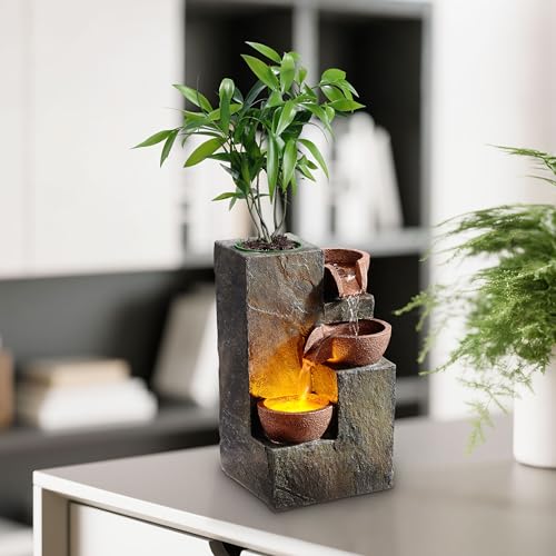Dark Grey 3-Tier Indoor Water Fountain with LED Light, Tabletop Rock Waterfall