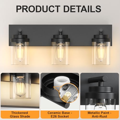 IZORRO 22 Inch Black Bathroom Vanity Light Fixture 3-Light Over Mirror with Clear Glass Shades - Modern Farmhouse Style