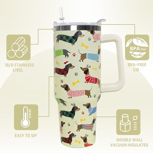 Dachshund 40 oz Tumbler with Handle & Straw - Red Dachshund Christmas Travel Mug