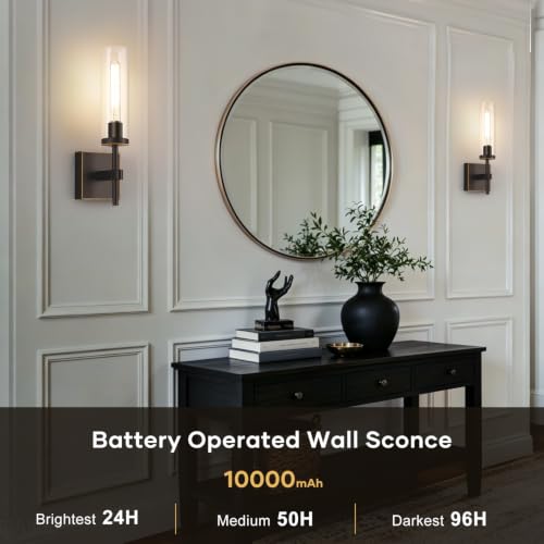 Rechargeable Oil-Rubbed Bronze & Clear Glass Wall Sconces Set of 2 with Remote Control