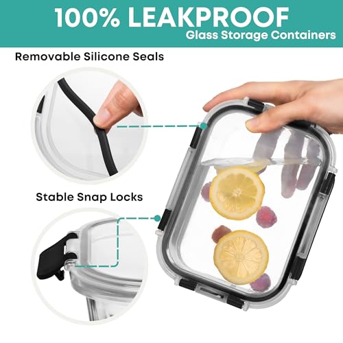Razab 30-Piece Glass Food Storage Containers Set with Black Lids - Leakproof & Oven Safe