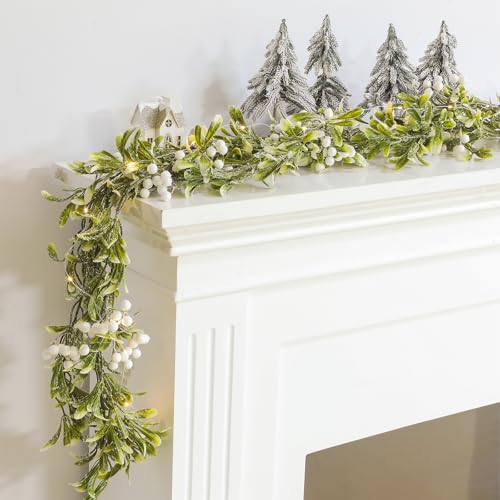Janinka 4-Pack 24ft LED Christmas Mistletoe Garland with White Berries