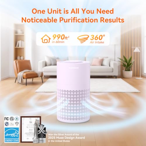 AIRROMI Purple Air Purifier for Bedroom with HEPA 3-in-1 Filter, Covers Up to 990 sq ft, Quiet 360° Air Cleaner for Pets & Allergies