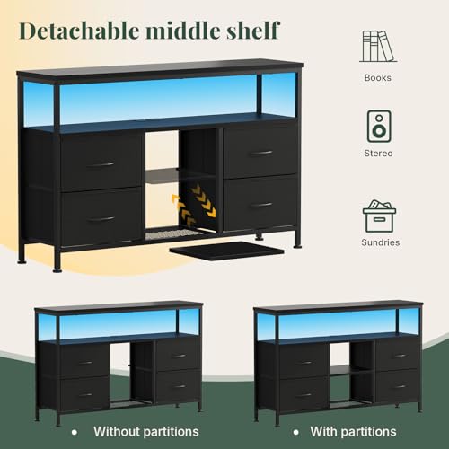 LED TV Stand with Charging Station for 50 Inch TVs - Black, 43.3x11.8x30.7 Inch