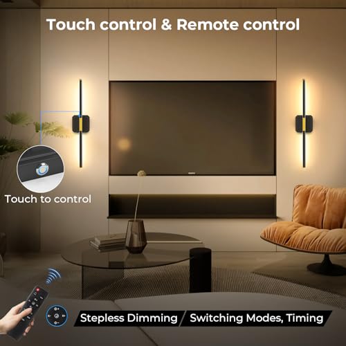 Battery Operated Wall Sconces Set of 2 - 360° Rotatable, Dimmable, Black Square Base