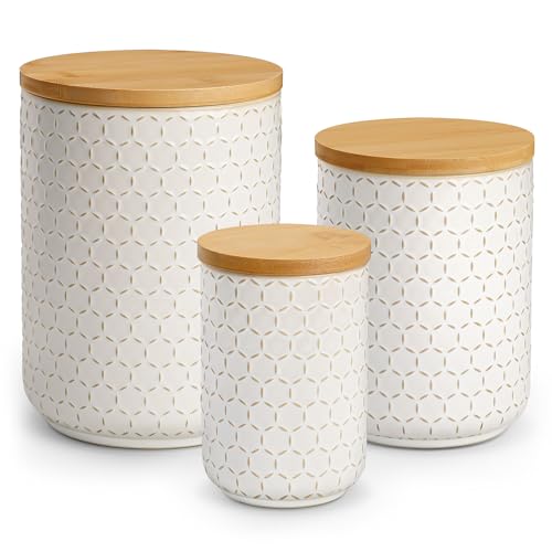 White Ceramic Canisters Set with Airtight Lids - 3 Sizes Coffee Cookie Sugar Storage