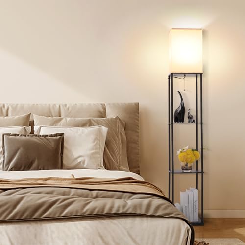 Black Floor Lamp with Shelves - Modern Corner Standing Bookcase & Lighting