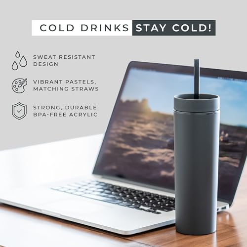 STRATA CUPS 16oz Black Skinny Tumbler Set of 12 with Lids & Straws – Double Wall, Matte Finish