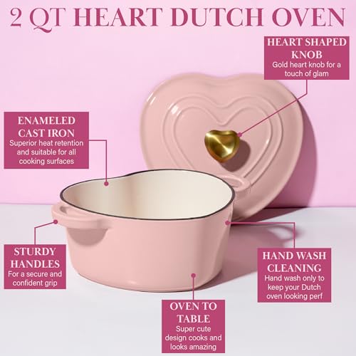 Pink Heart-Shaped 2-Quart Enamel Cast Iron Dutch Oven with Lid - Oven Safe to 500°F